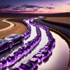 Luxury Cars Creating Sparkling Purple Trail at Dusk