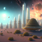 Futuristic city with towering spires above clouds and distant planets.