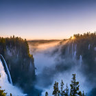 Scenic waterfall in misty landscape with moon, sun, and city skyline