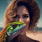 Woman with wind-tousled hair and bright eyes close-up with vivid green iguana outdoors under