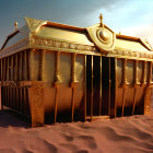 Surreal oversized golden cage with figures on sandy terrain