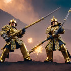 Armored figures with weapons on fiery battlefield