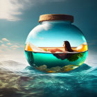 Person inside floating bottle with mirrored waves - surreal sea image