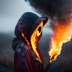 Hooded figure holding flaming object in dusky field