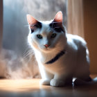 White Cat with Black Markings and Blue Collar in Sunlit Room