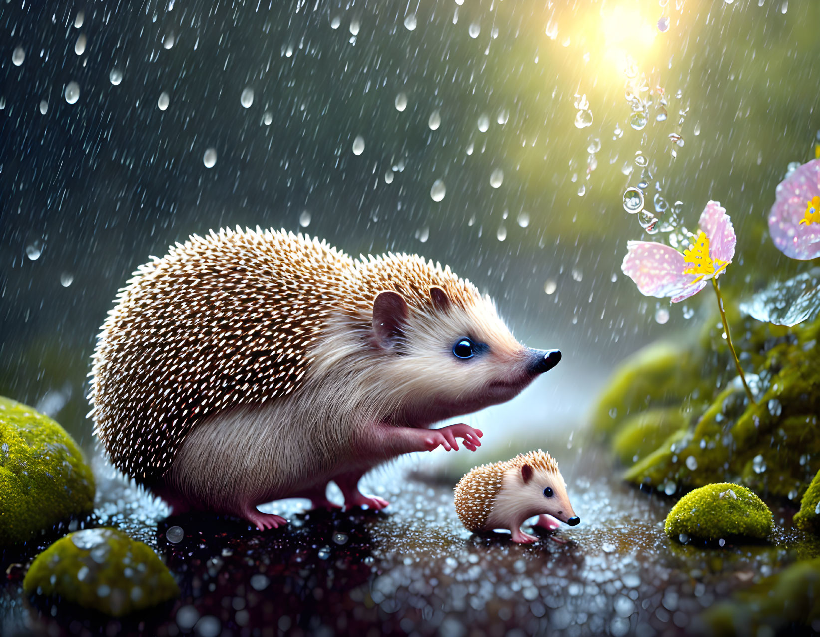 Mother Hedgehog and Baby Among Mossy Stones in Gentle Rain