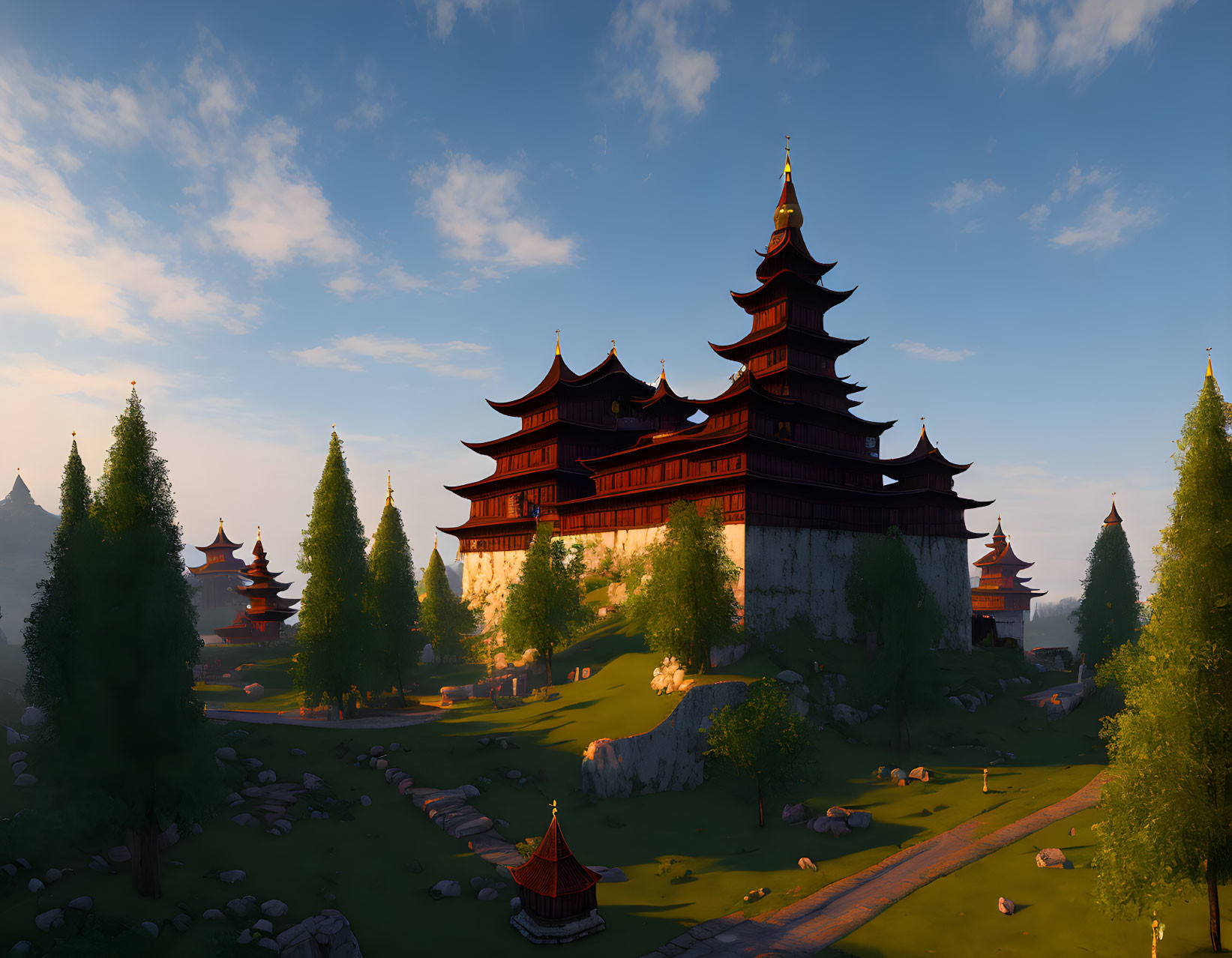 Tranquil dusk landscape with multi-tiered pagoda and lush greenery