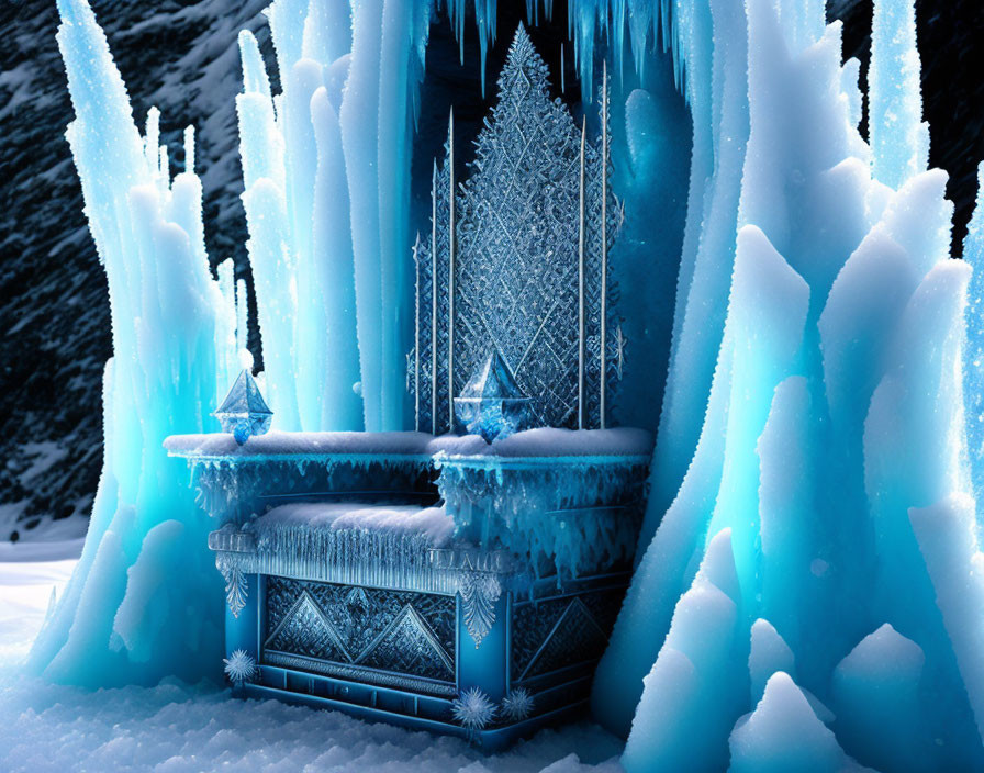 Frozen ice throne surrounded by pillars in snowy setting