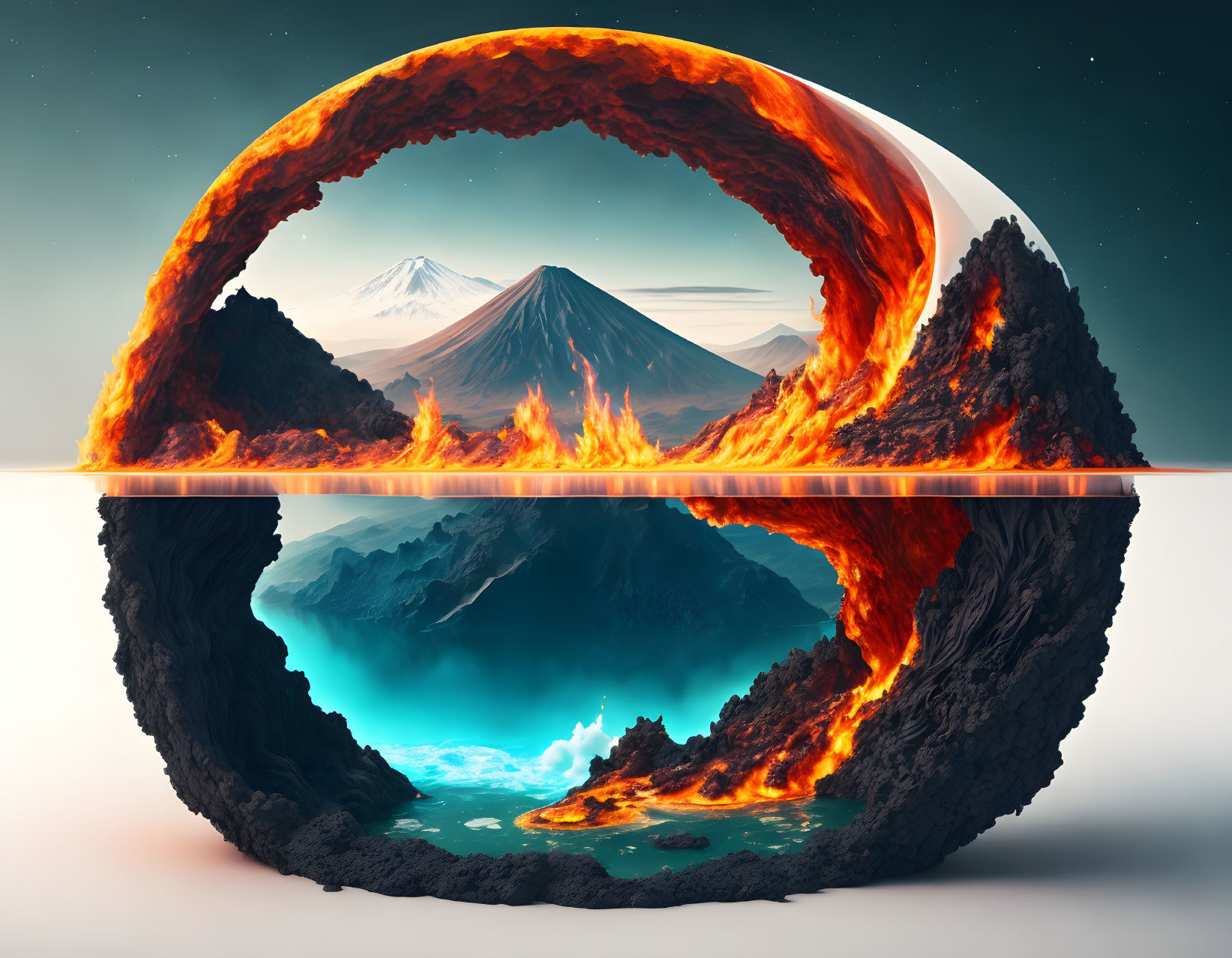 Volcanic eruption mirrored in circular frame with tranquil water scene