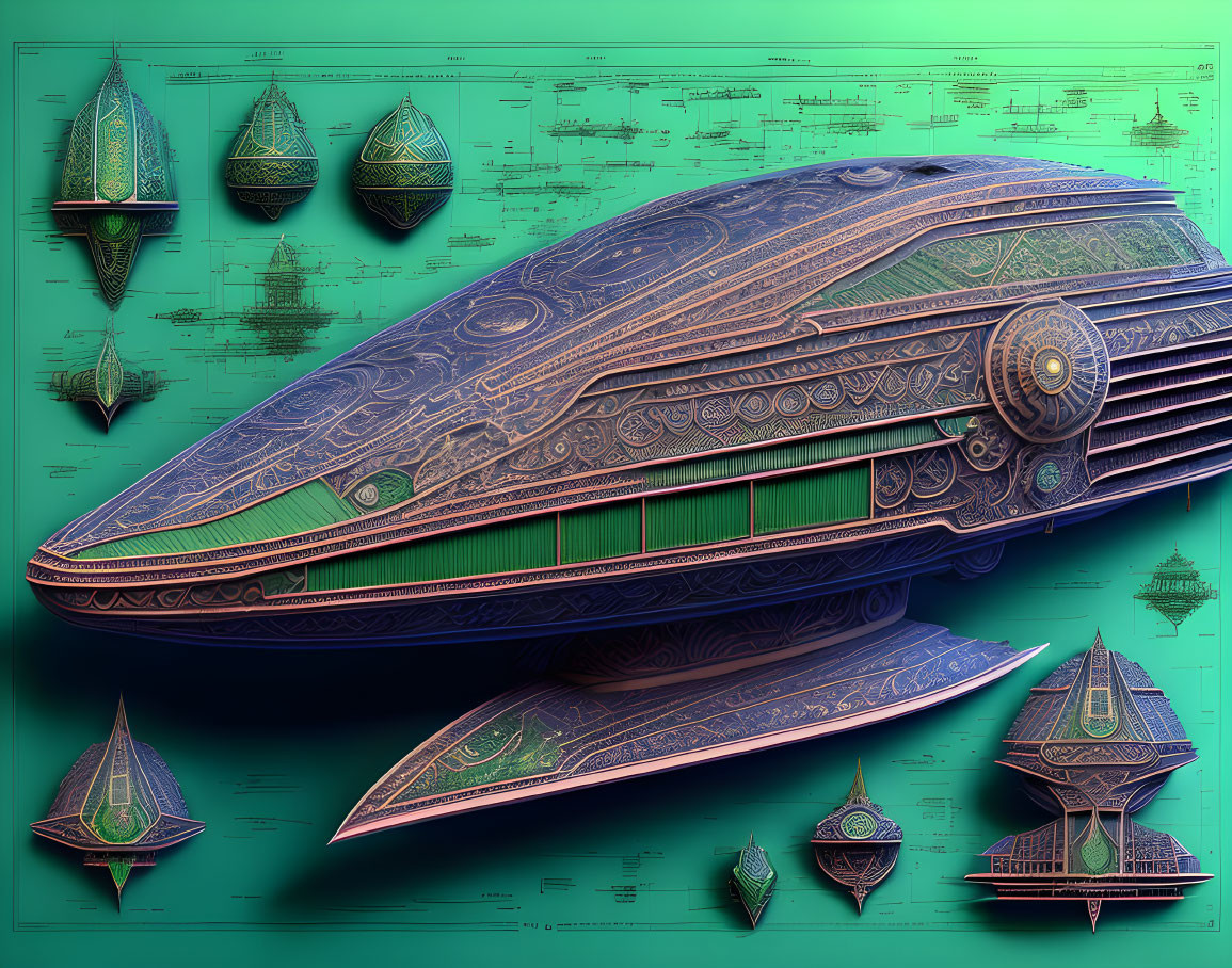 Futuristic ornate spaceship surrounded by sketches on teal backdrop