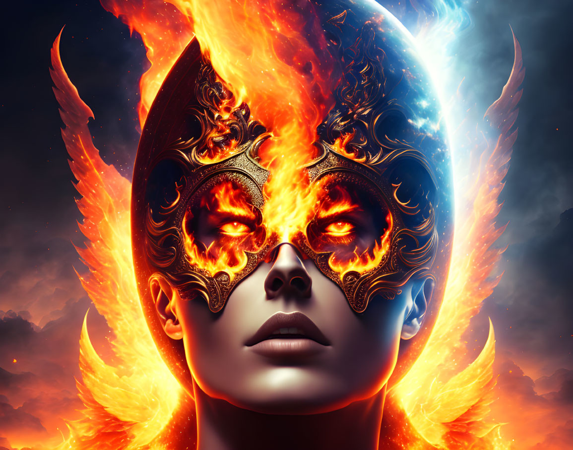 Colorful illustration: person with decorative mask in fiery scene.