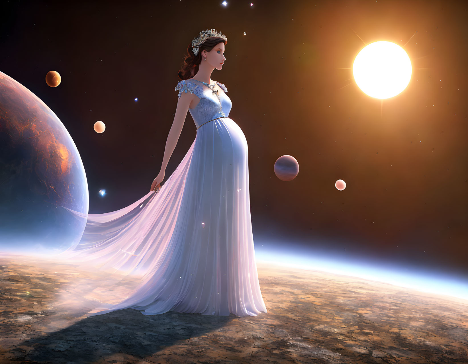 Woman in flowy dress gazes at sun in celestial scene