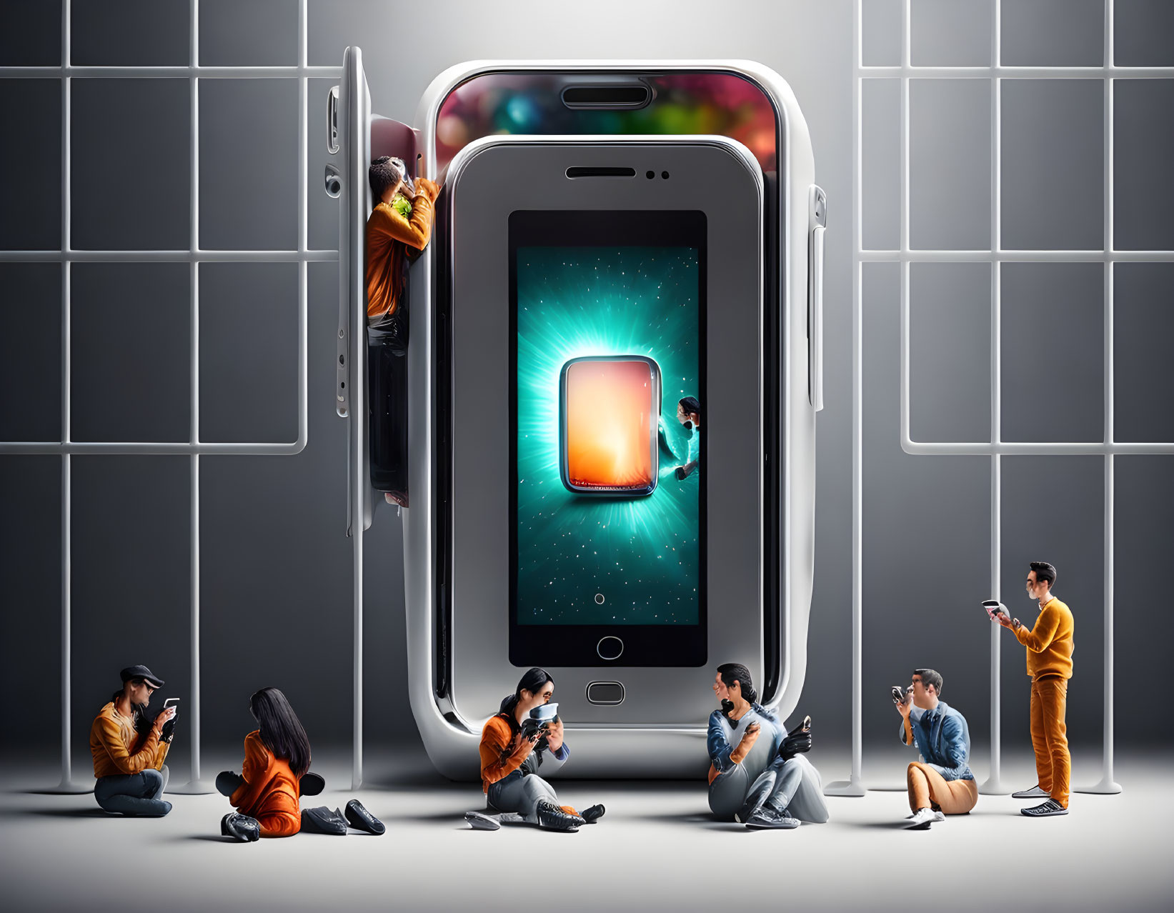 People in orange attire interact with giant smartphone models against a grey grid backdrop.