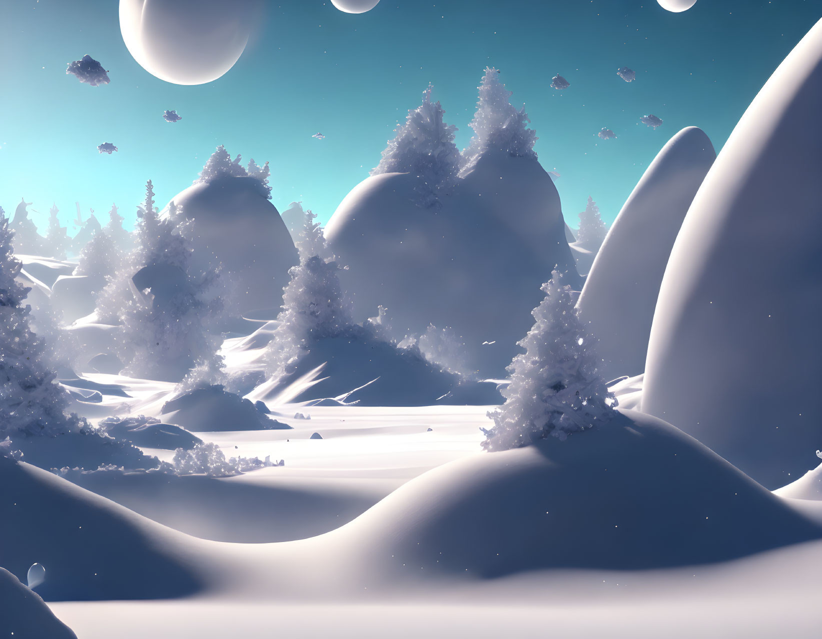 Snow-covered winter landscape with distant planets in clear night sky