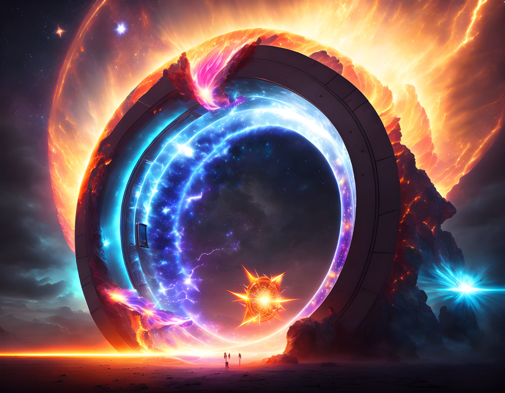 Futuristic portal with cosmic energy opens to fiery landscape