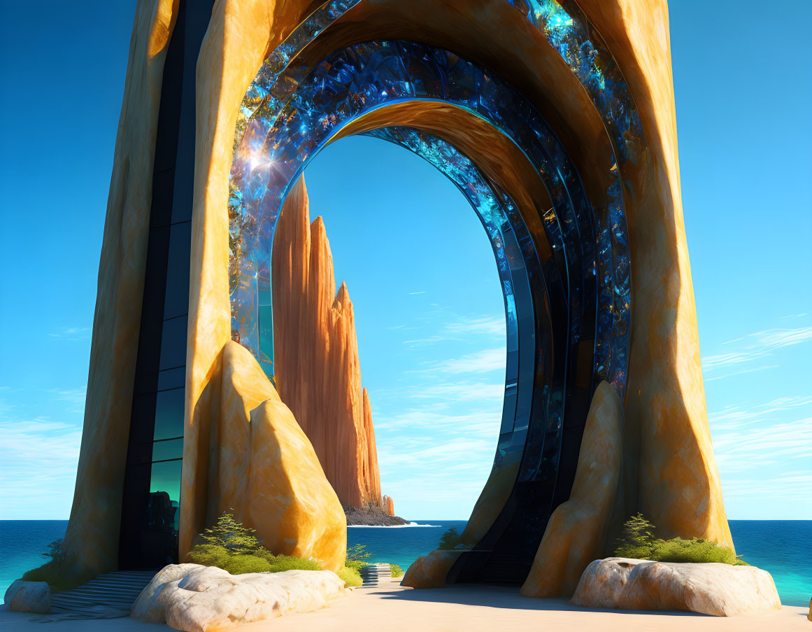 Futuristic archway overlooking rocky coastline under clear blue sky