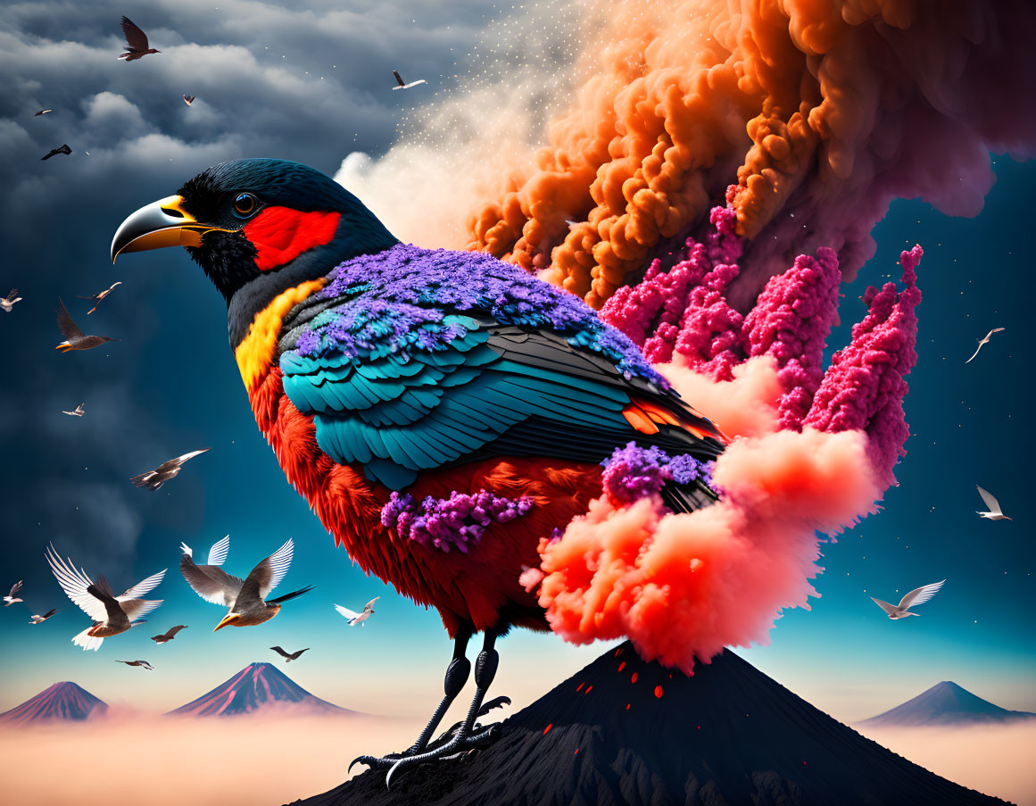 Colorful Bird Perched on Branch with Volcanic Eruption Backdrop