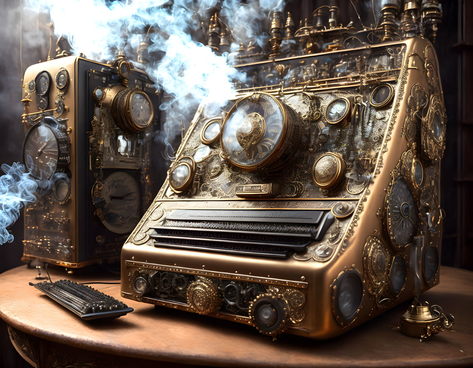 Steampunk-inspired computer setup with brass accents, gears, pipes, and vintage radio elements on wooden