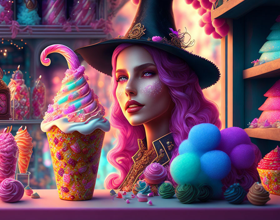 Colorful illustration of woman with purple hair and witch's hat surrounded by whimsical confectioneries