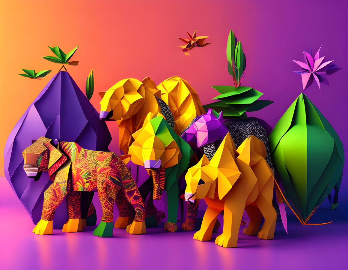 Vibrant geometric origami elephants in colorful digital art