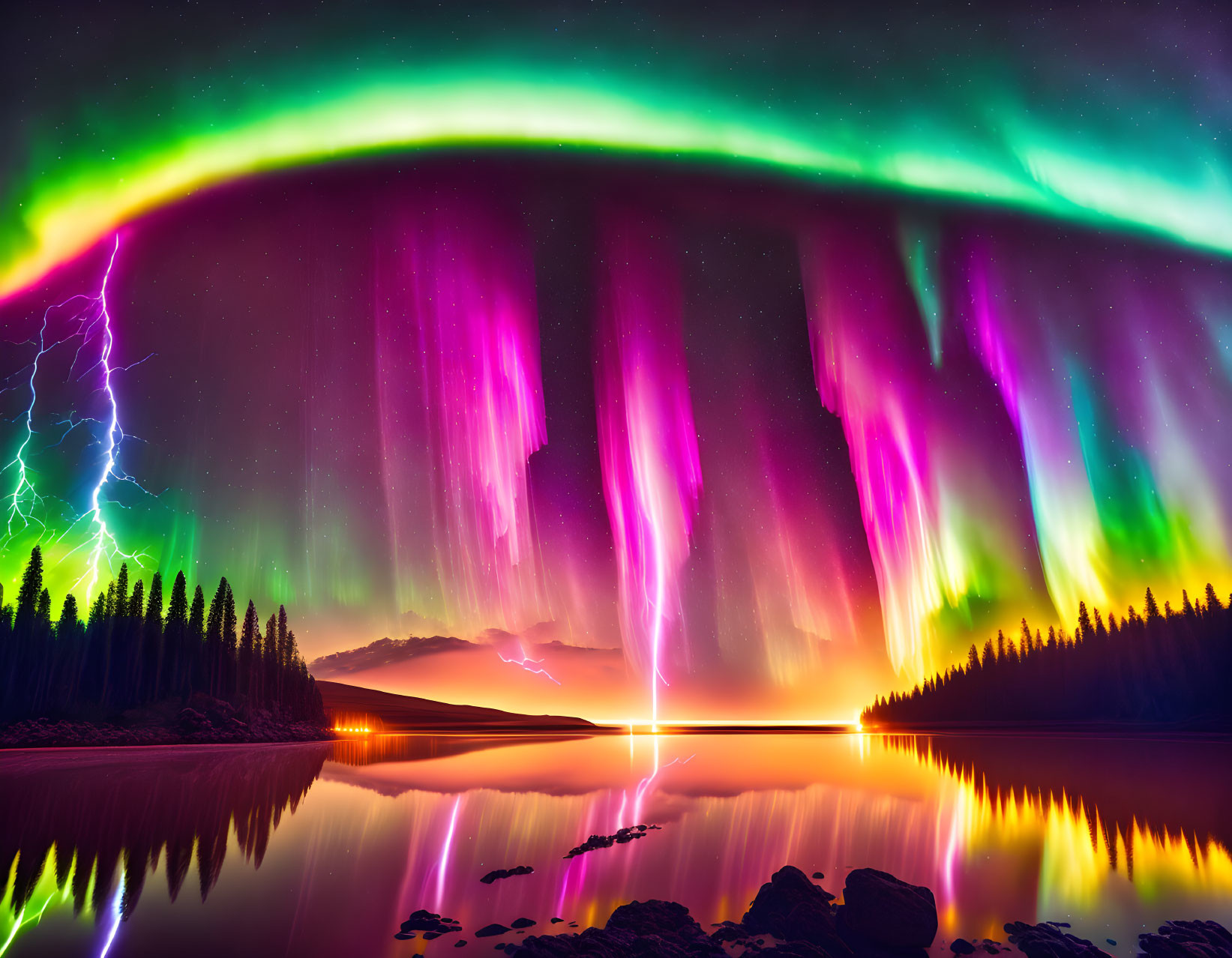 Tranquil lake under purple and green aurora borealis