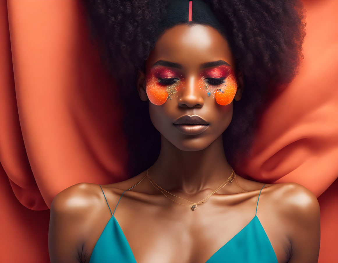 Vibrant orange and pink eyeshadow on woman with afro