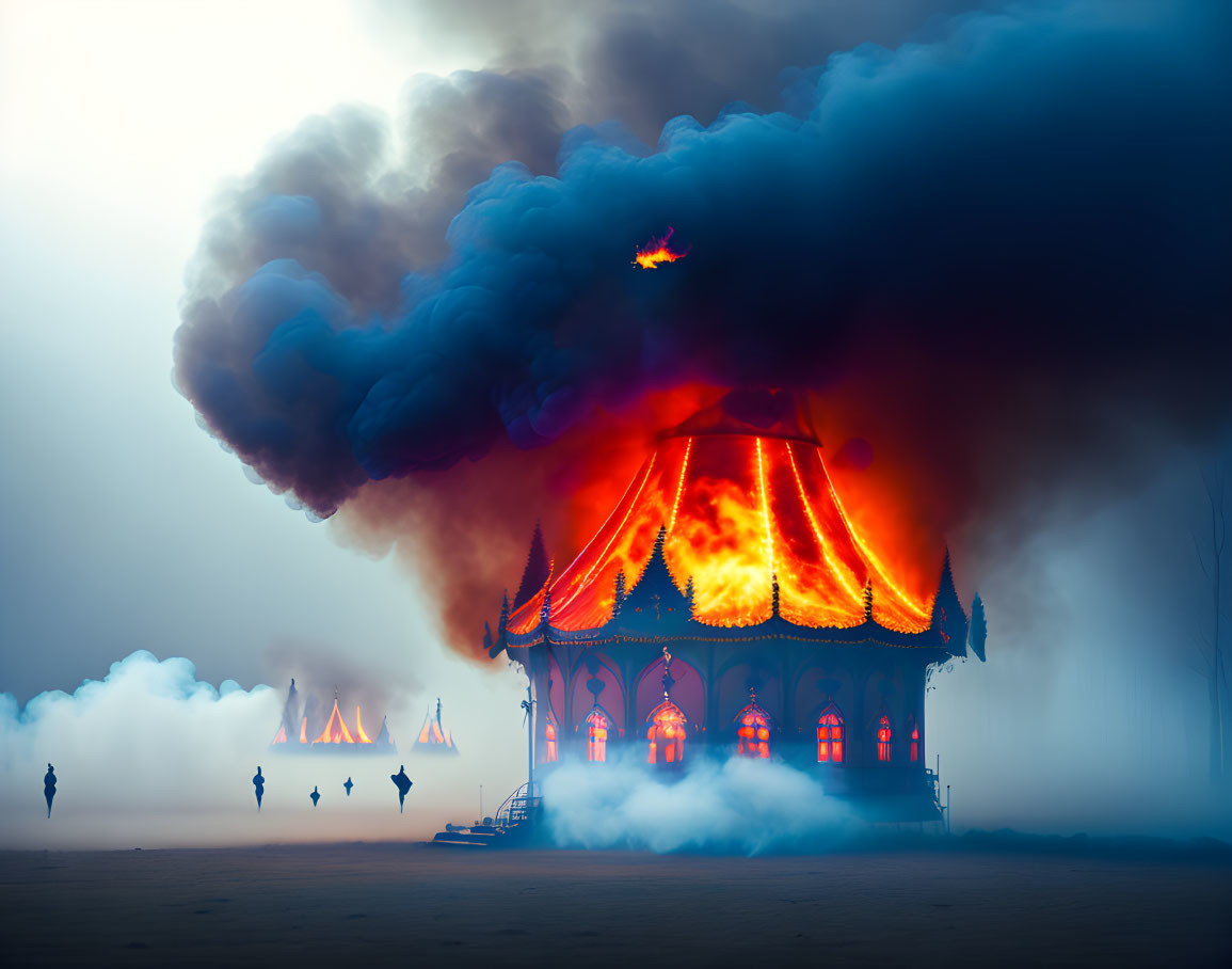 Carousel engulfed in flames with dark smoke cloud, silhouettes watching from afar