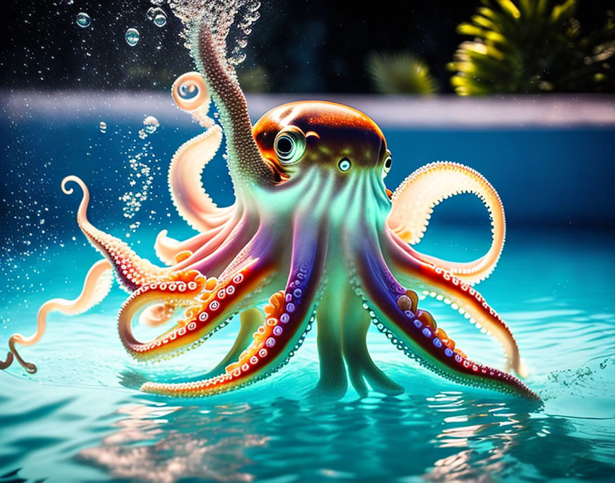 Colorful Illustrated Octopus Swimming in Clear Blue Water