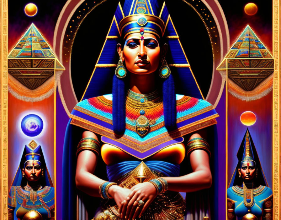 Colorful Egyptian Queen Artwork with Pyramids & Sphinxes