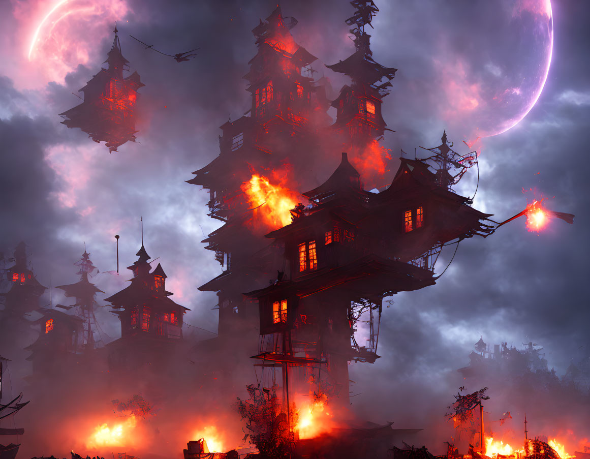 Fantastical oriental buildings ablaze under crimson sky with two moons, flying ships, smoky