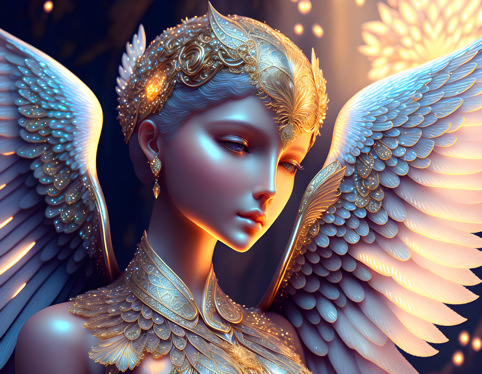 Ethereal being with golden headgear, blue eyes, and feathered wings