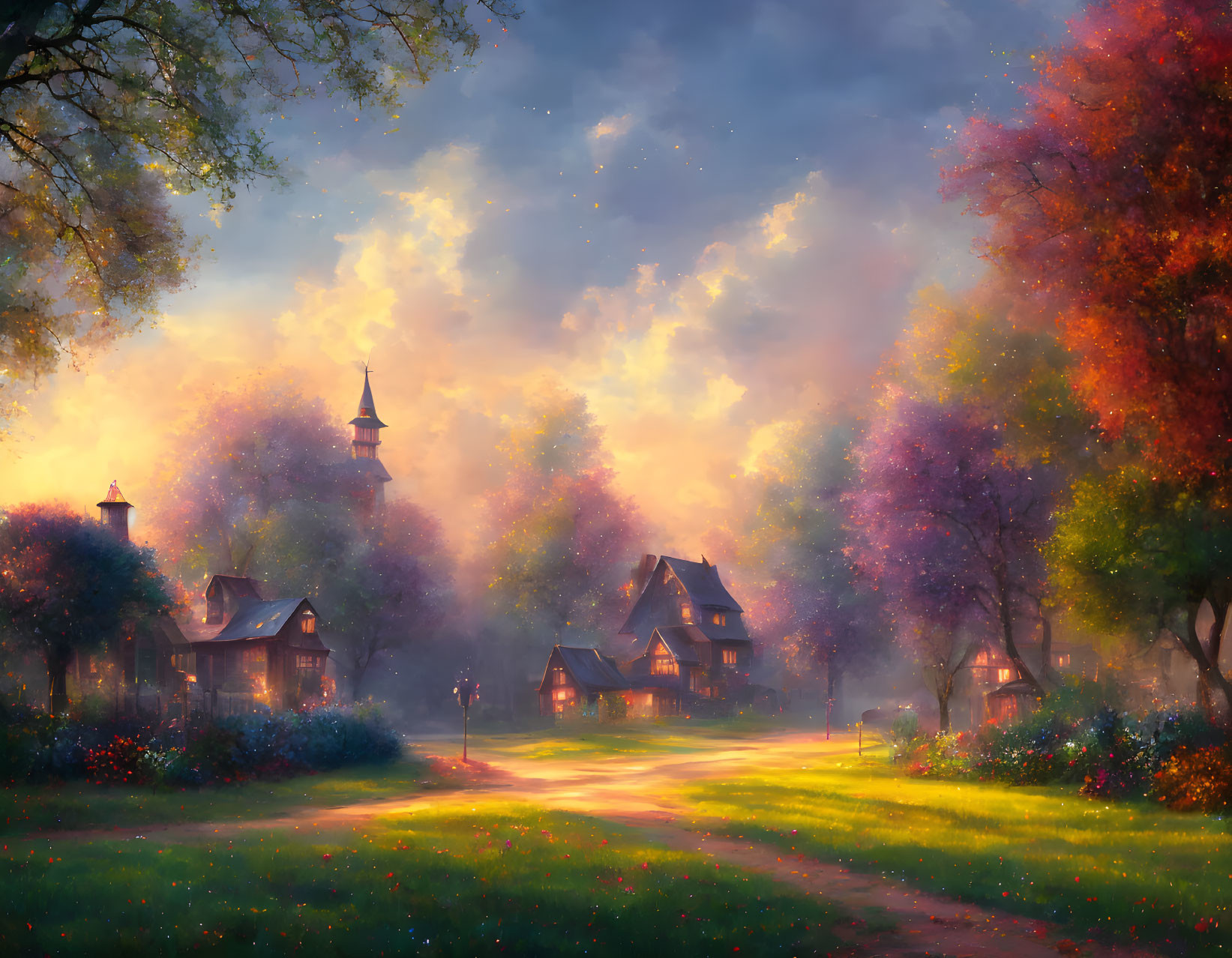 Colorful Trees & Quaint Houses on Village Path at Sunset