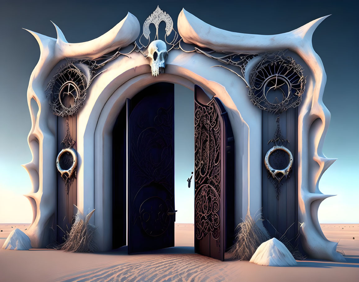 Fantasy gate with skull motif in desert setting