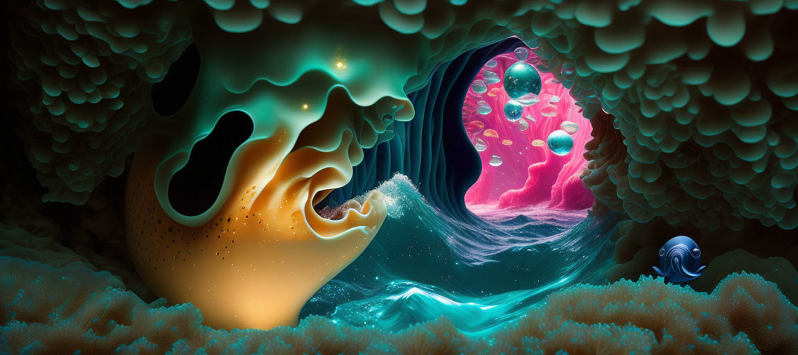 Vibrant coral and surreal wave tunnel in underwater scene