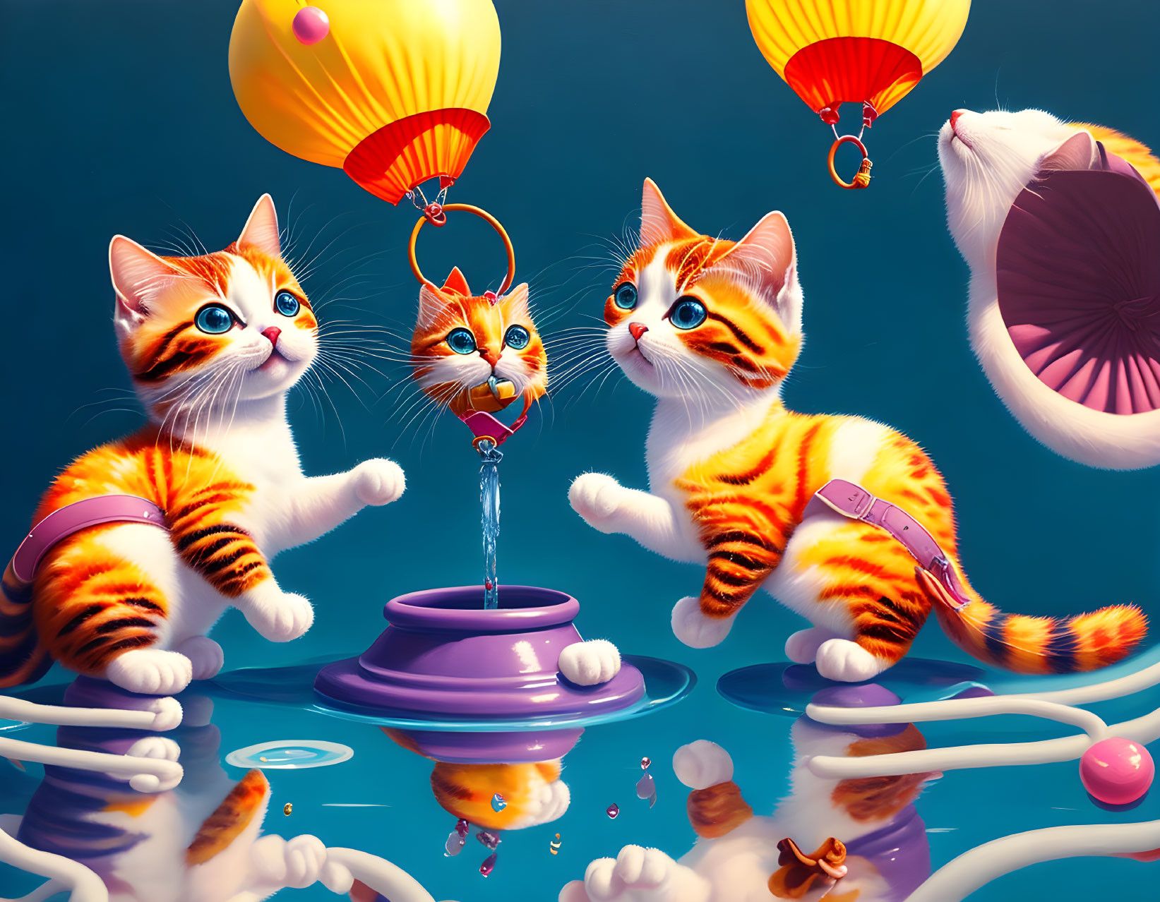 Whimsical orange tabby kittens playing with water and pearls under hot air balloon-like flowers on a