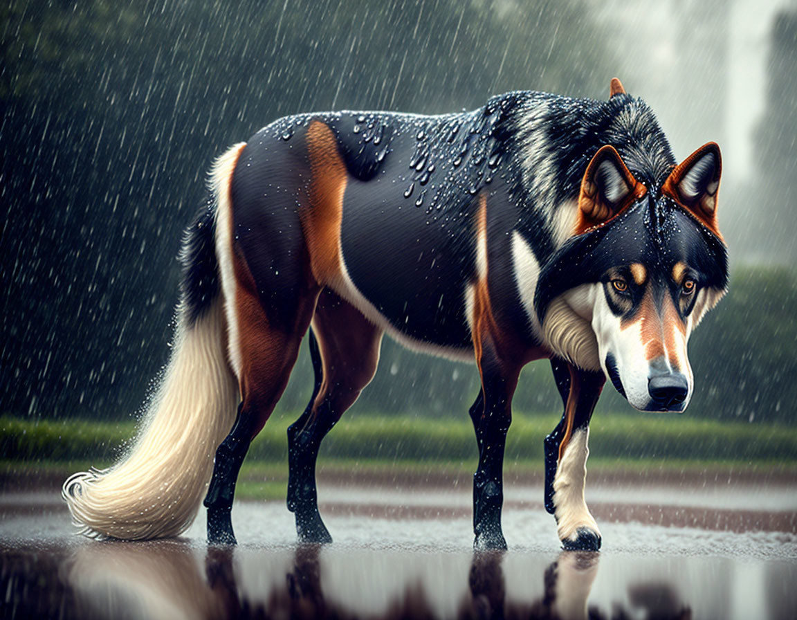 Tricolor dog with thick coat standing in rain with intense expression