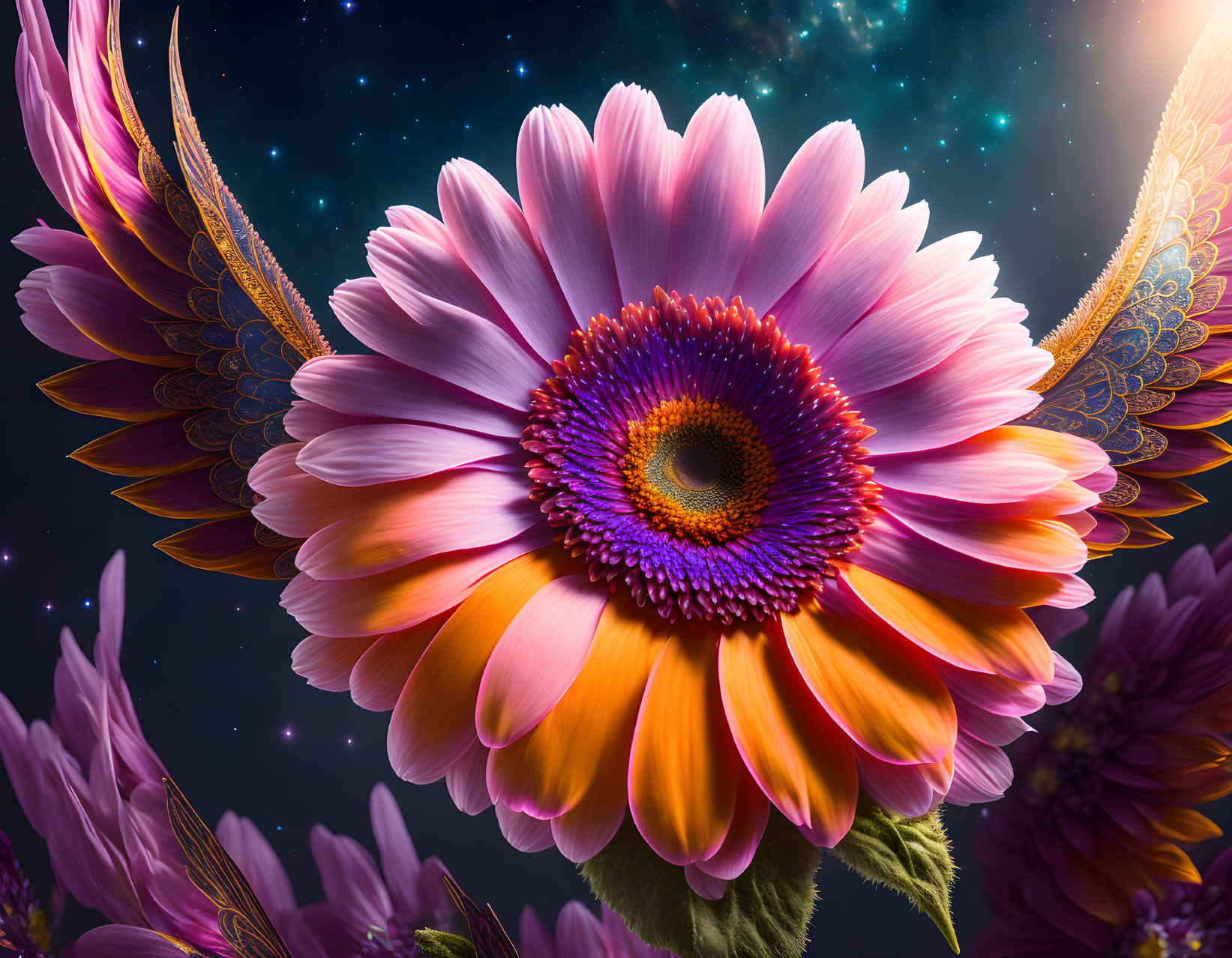 Colorful Gerbera Daisy Against Cosmic Backdrop with Stars and Nebulae