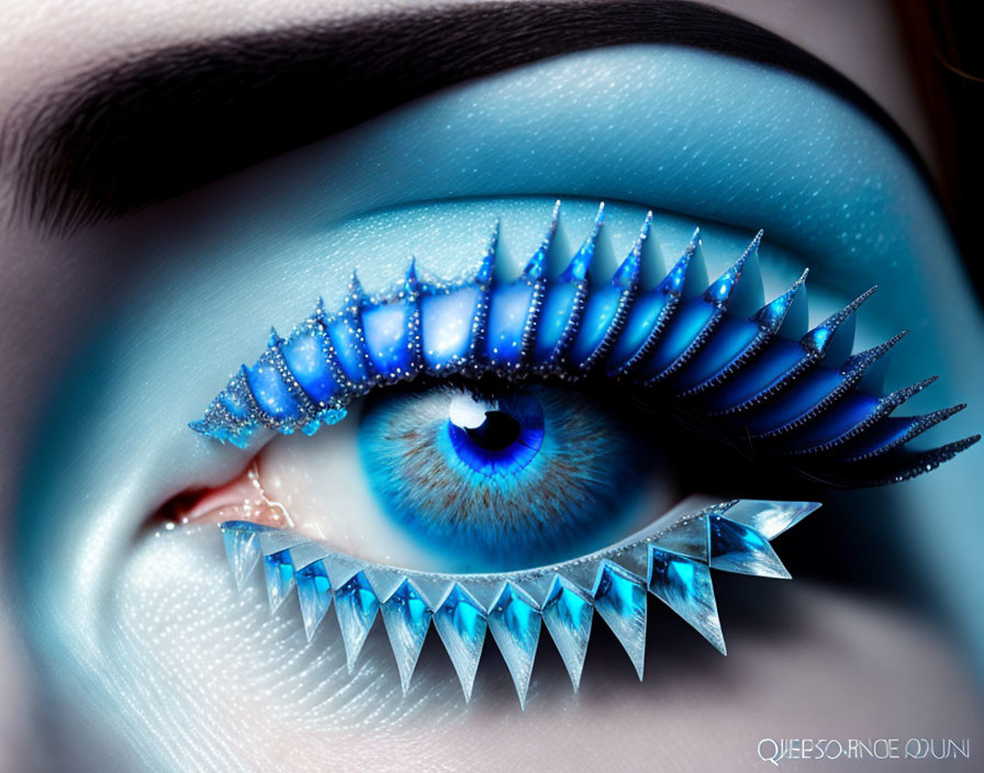 Detailed Close-Up of Eye with Dramatic Blue Makeup and Embellishments