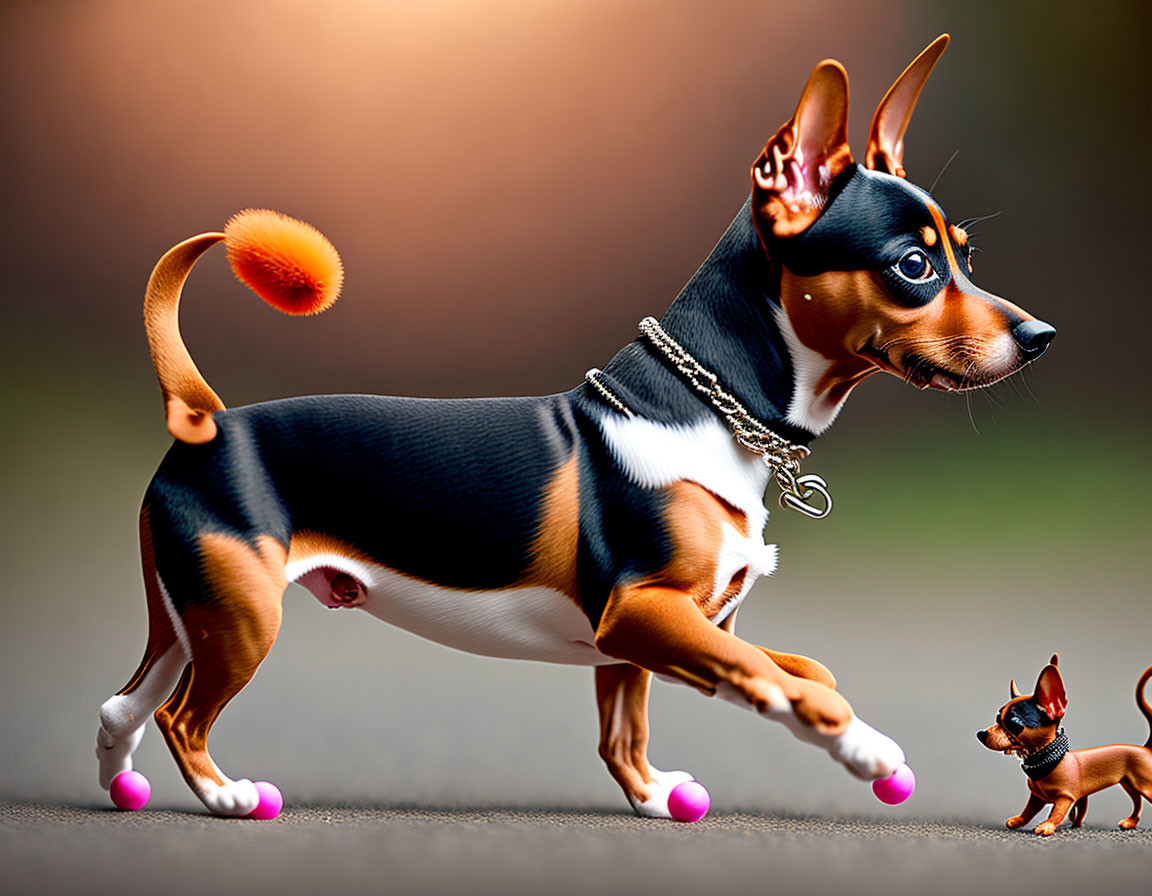 Muscular Chihuahua with silver chain collar walks next to playful miniature version