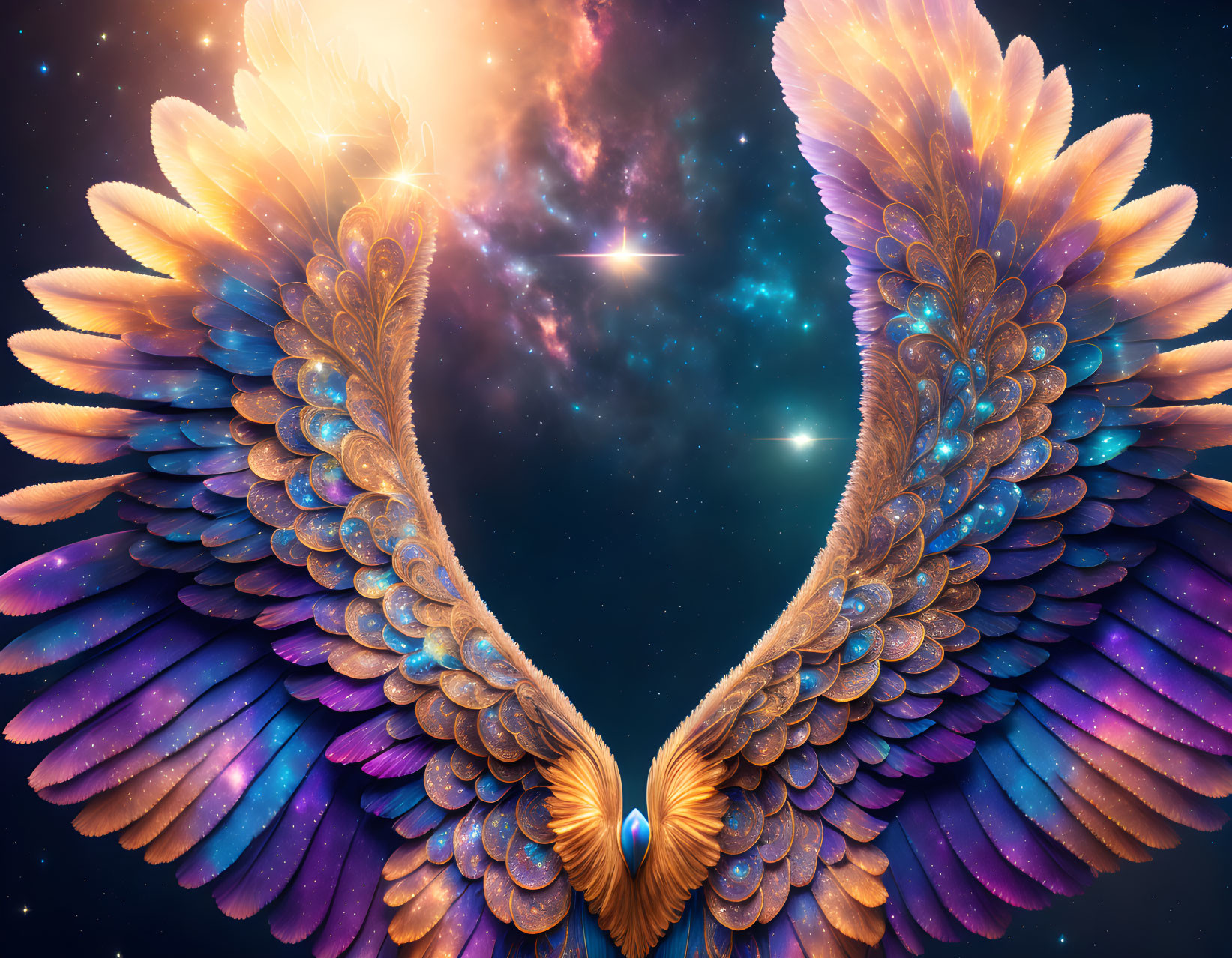 Colorful celestial wings against starry space background