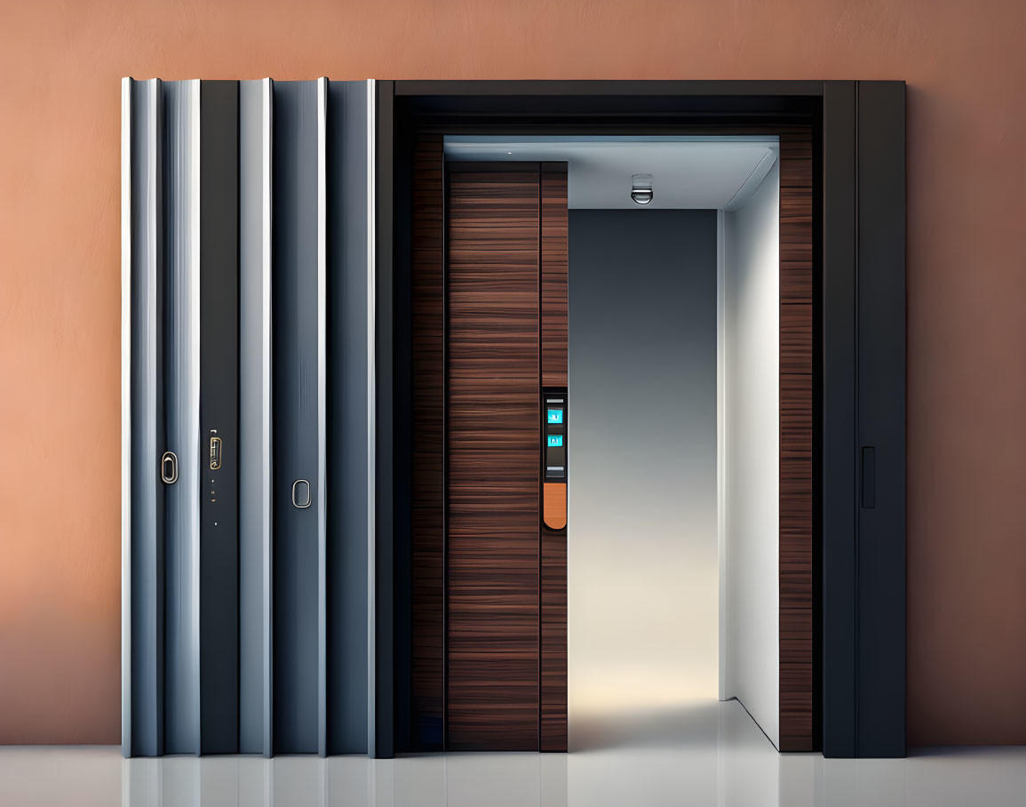 Sleek modern elevator with open doors and wooden panels in minimalist building