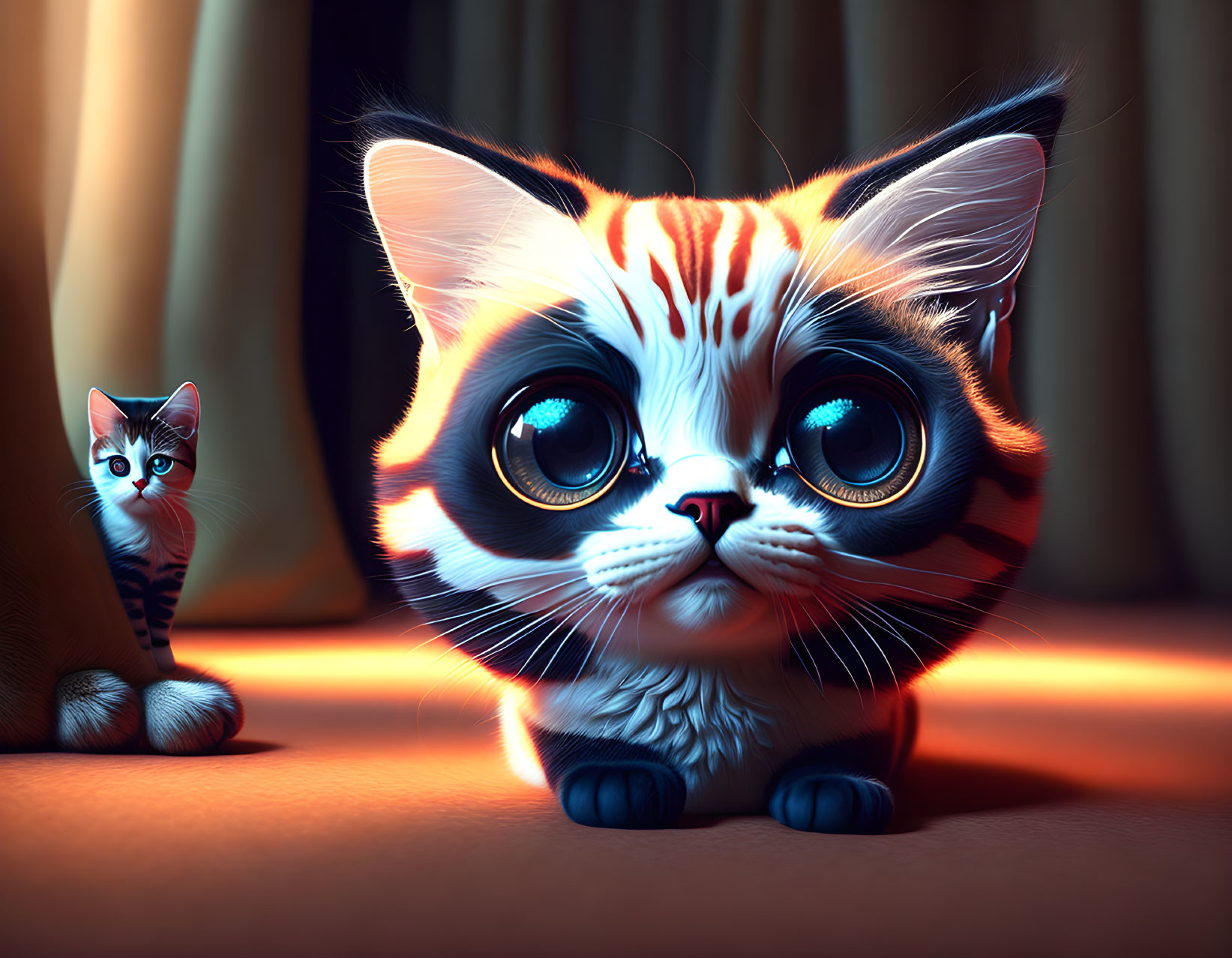 Stylized large-eyed cartoon kittens in dimly lit room