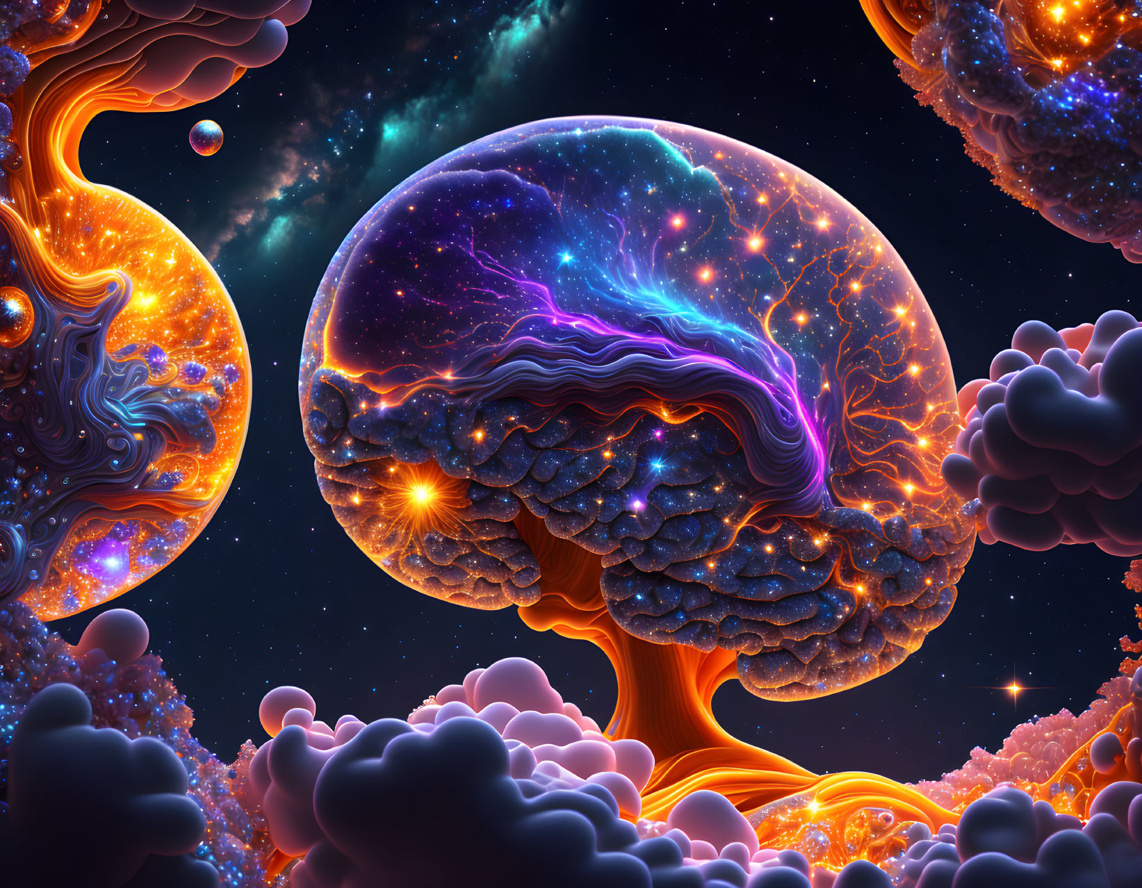 Colorful digital art: Brain silhouette with cosmic stars & mystical trees