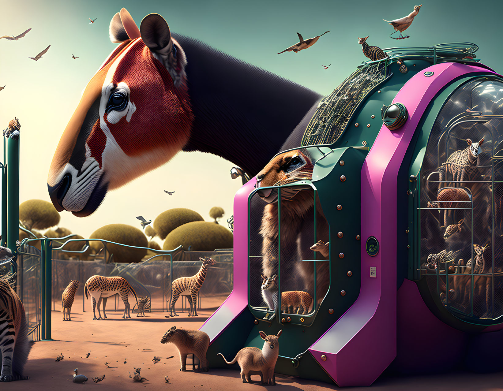 Giant horse-head hot air balloon with lion and animals in surreal scene