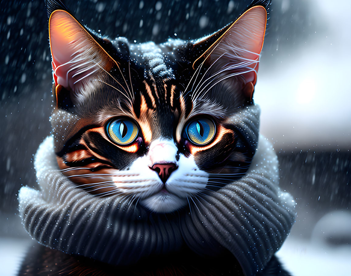 Blue-eyed cat in knitted scarf against snowy backdrop