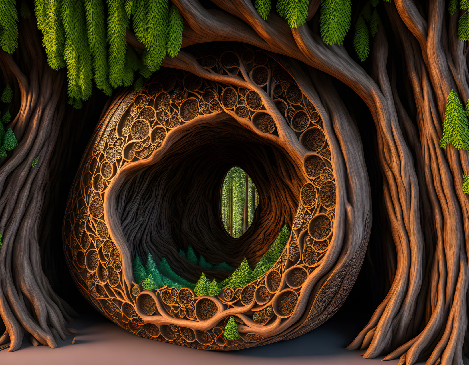 Fantastical hollow tree tunnel with intricate wood patterns and lush greenery.