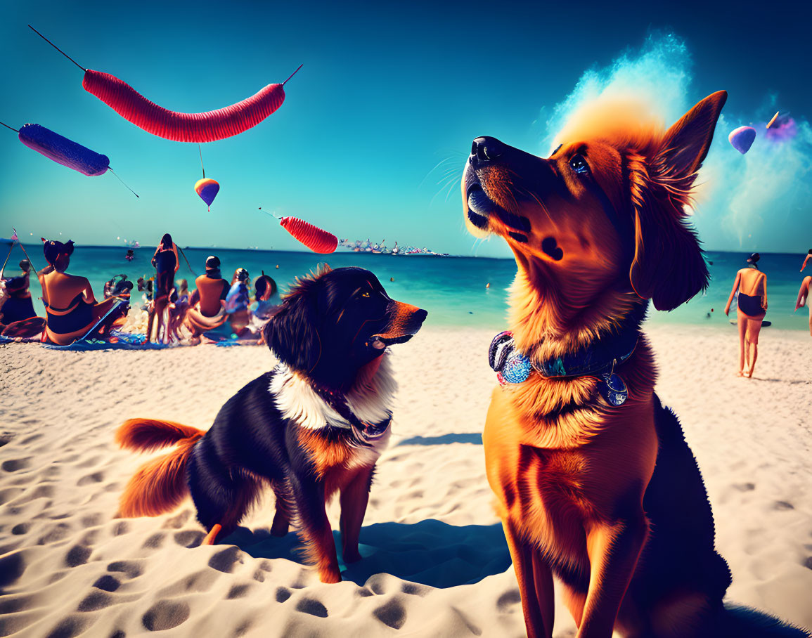 Colorful kites and balloons on beach with two dogs and people