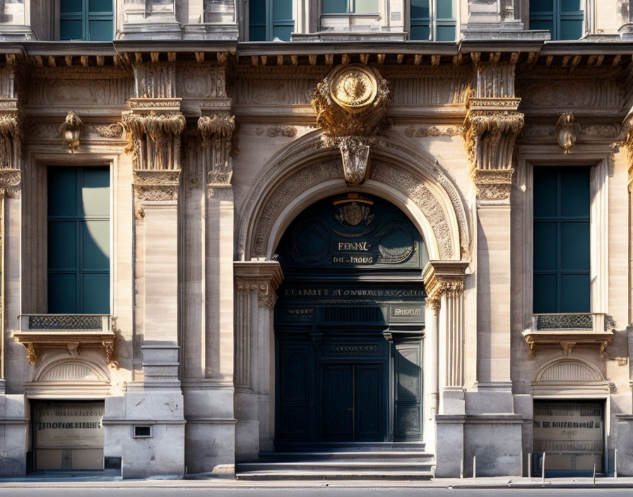 Classical building facade with carved columns and archway entrance