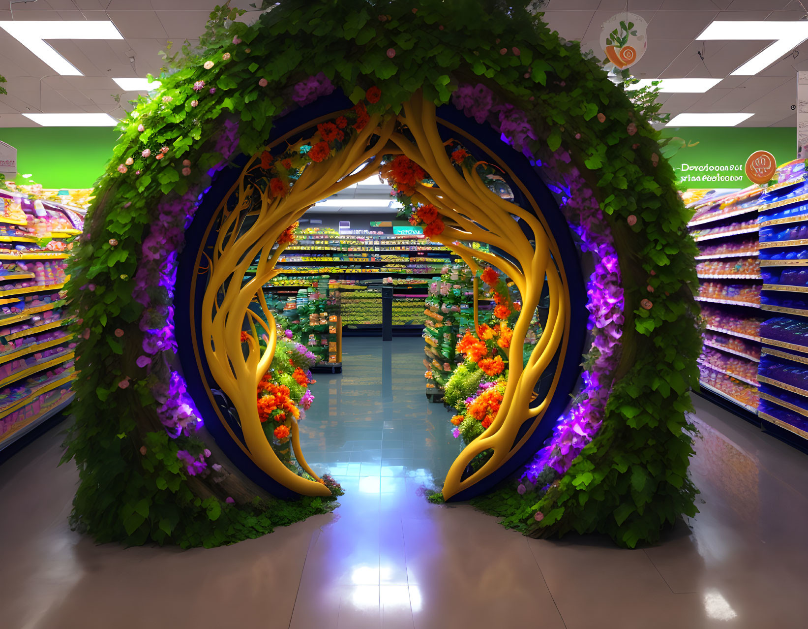 Colorful Floral Archway Illuminates Supermarket Aisle