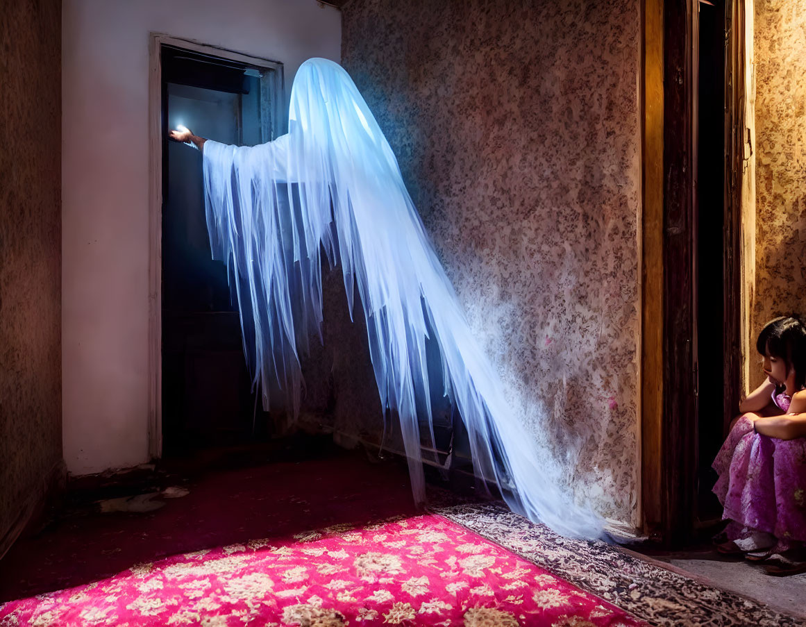 Young girl in dimly lit room gazes at ethereal figure in white.